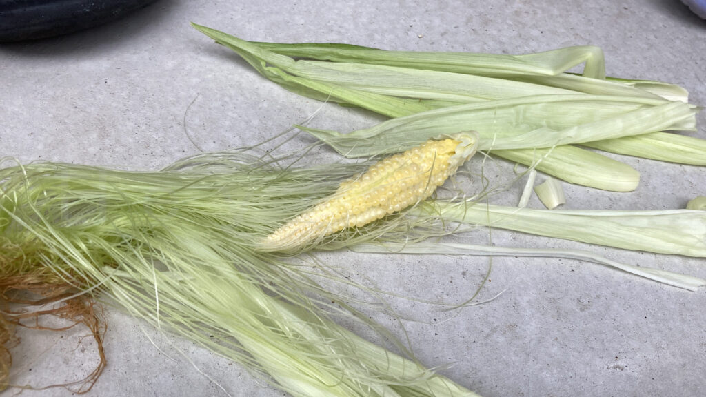 スイートコーンの皮を剥いだ状態。髭が粒一つずつに繋がっています。
