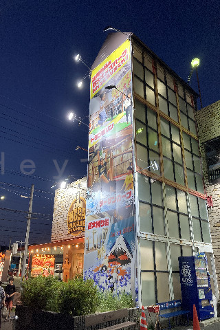 メガインディアンズ緑白土店_帰る際も外壁の遊具のアピール箇所も照明で見えやすい